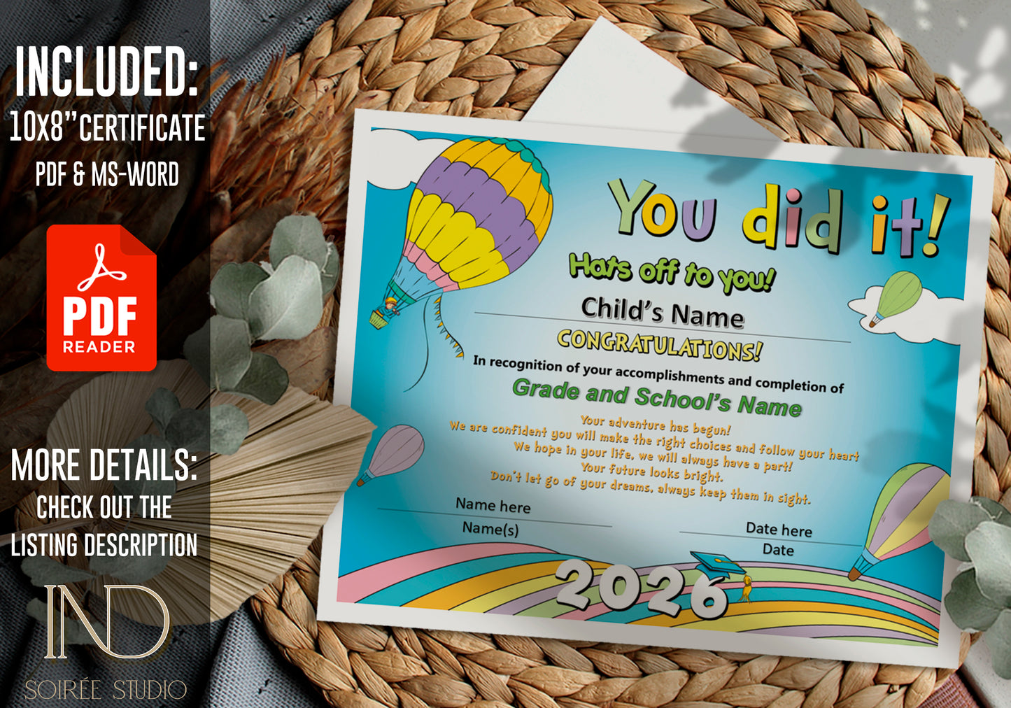 2026 Graduation Certificate Template Printable | Kindergarten Pre-K Diploma | Rainbow Pastel Design | Instant Download