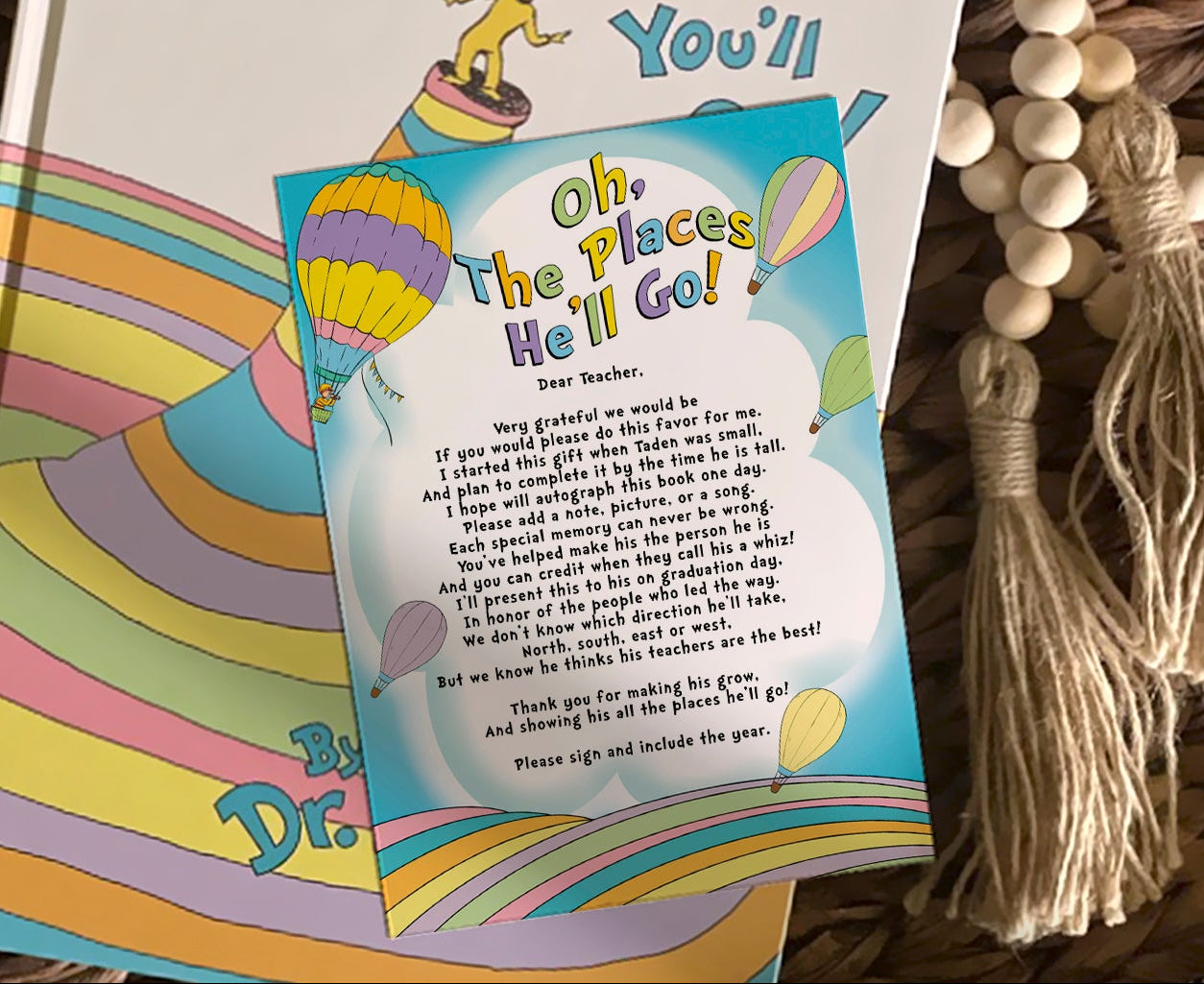 Instruction Card for Teacher, Graduation Keepsake Letter, End of School Memory Note, Boy & Girl, Rainbow Pastel Template, Instant Download, Editable