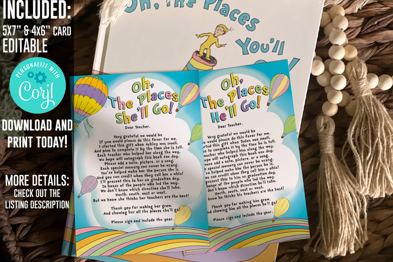 Instruction Card for Teacher, Graduation Keepsake Letter, End of School Memory Note, Boy & Girl, Rainbow Pastel Template, Instant Download, Editable