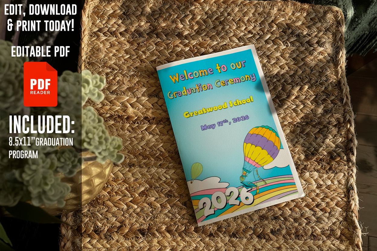 2026 Graduation Ceremony Program Template | Hot Air Balloon Theme | Editable Pre-K, Kindergarten, 1st–5th Grade Program