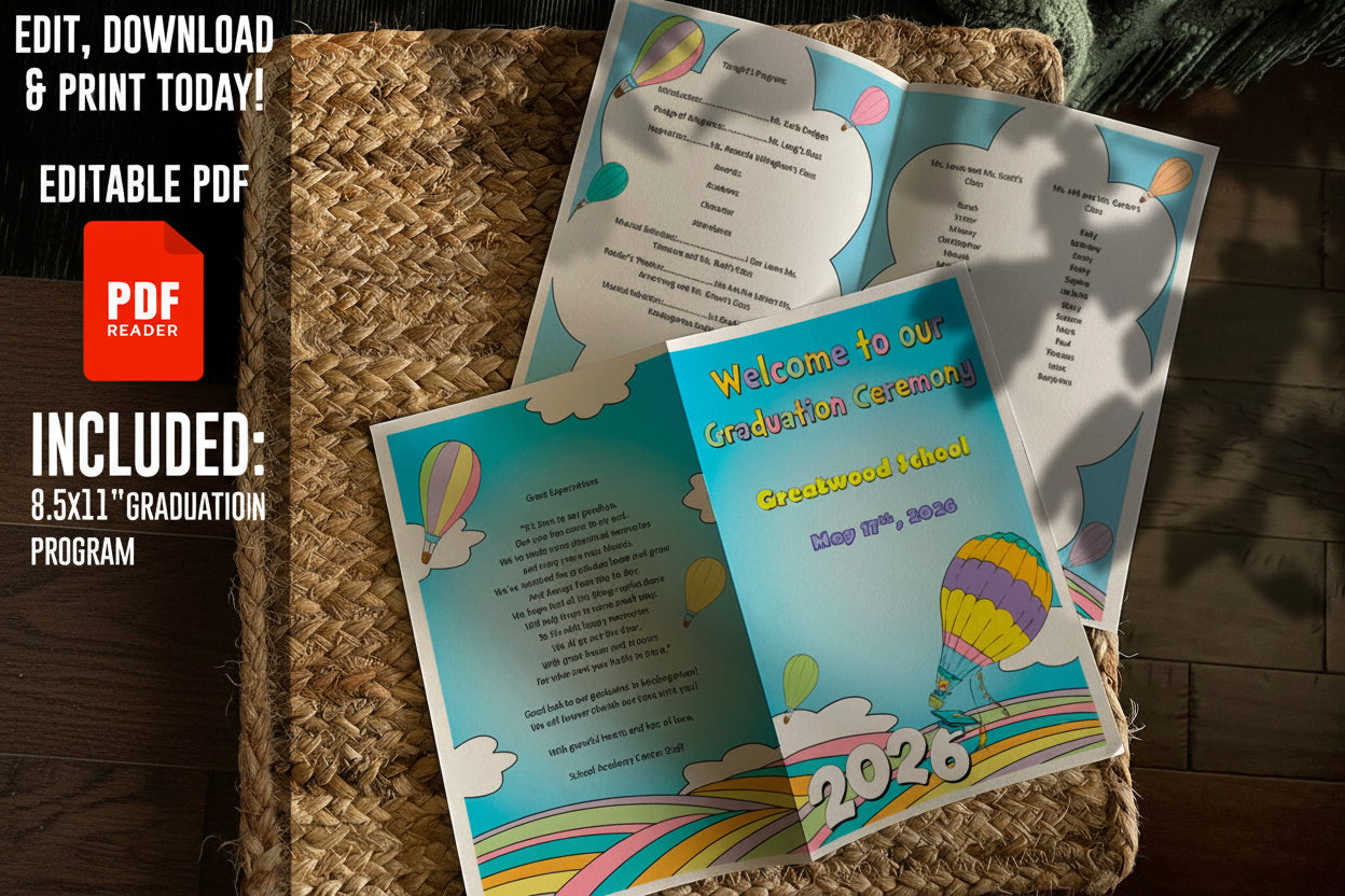 2026 Graduation Ceremony Program Template | Hot Air Balloon Theme | Editable Pre-K, Kindergarten, 1st–5th Grade Program