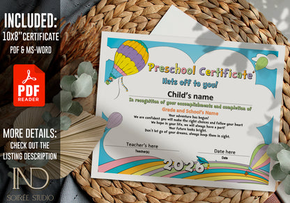 2026 Preschool Diploma Certificate Template | Rainbow Pastel Editable Graduation Certificate | Instant Download