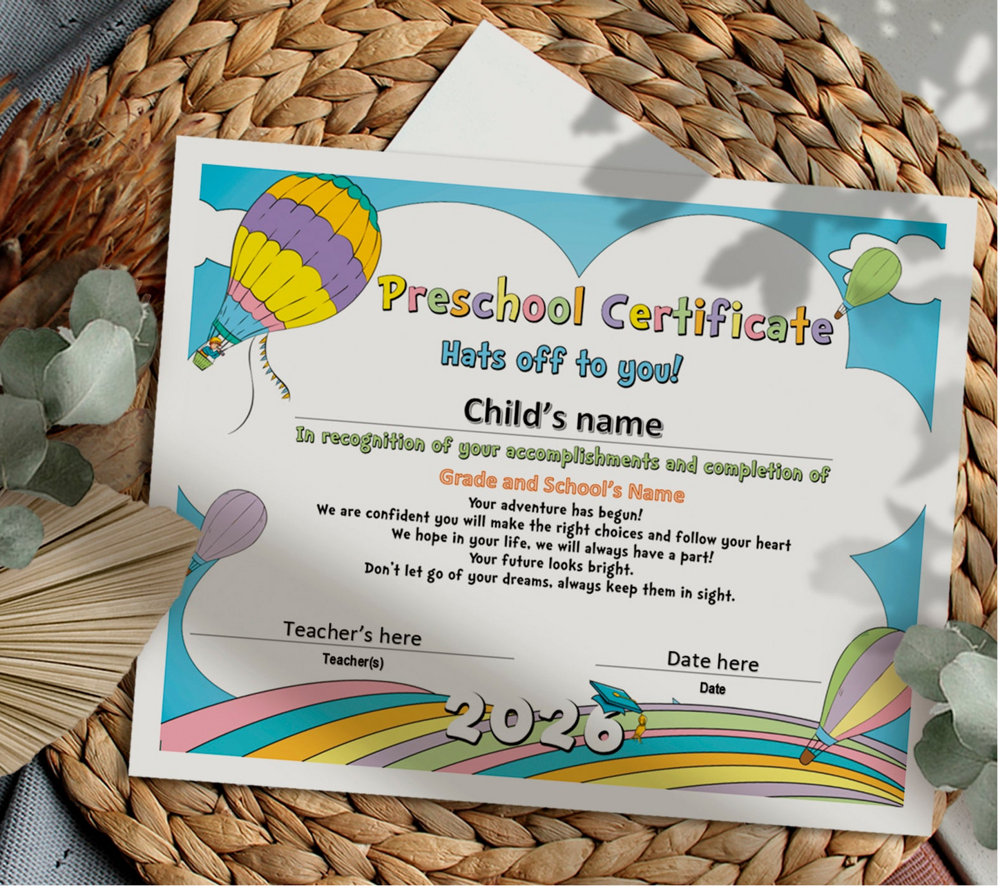 2026 Preschool Diploma Certificate Template | Rainbow Pastel Editable Graduation Certificate | Instant Download