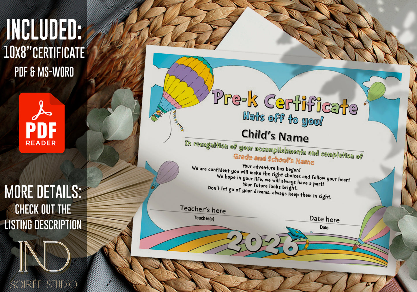 2026 Graduation Certificate Template Printable | Pre-K Diploma | Rainbow Pastel Design | Instant Download