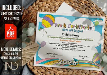 2026 Graduation Certificate Template Printable | Pre-K Diploma | Rainbow Pastel Design | Instant Download