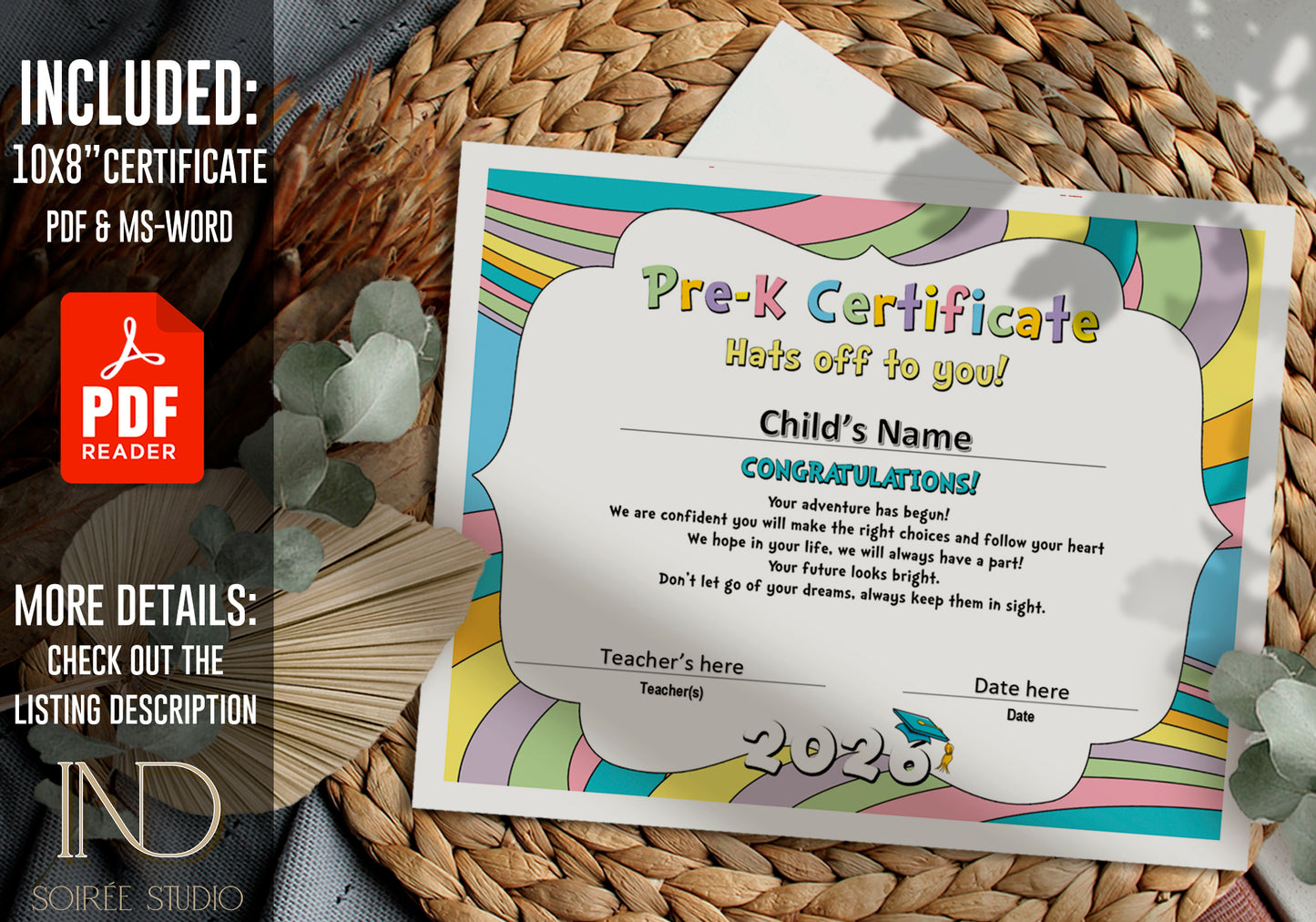2026 Graduation Certificate Template Printable | Pre-K Diploma | Rainbow Pastel Design | Instant Download
