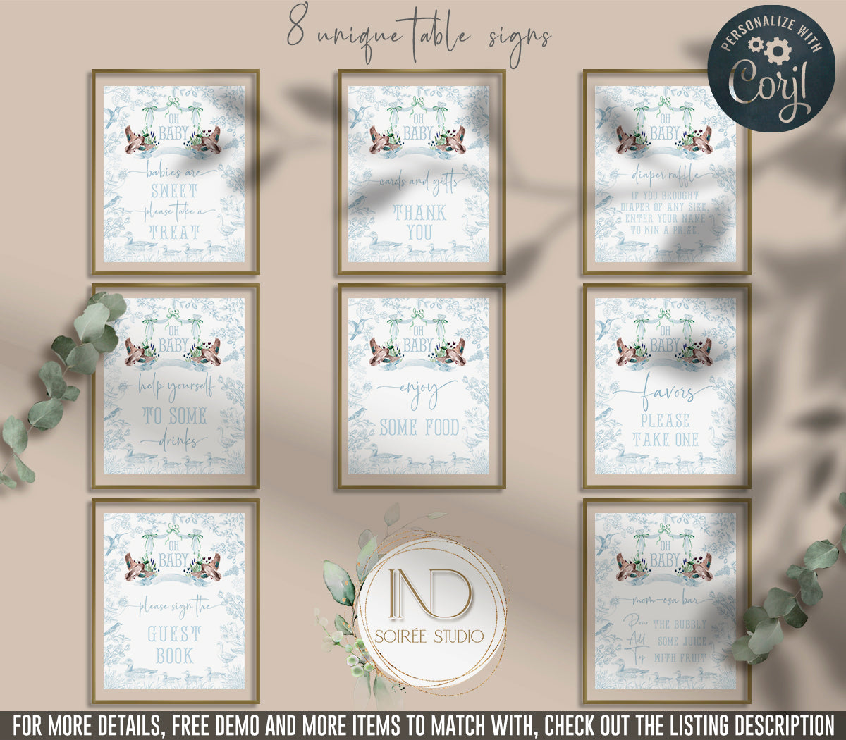 Mallard Duck Baby Shower Invitation Set | Light Blue Toile Woodland Gender Neutral Duckling Printable Template