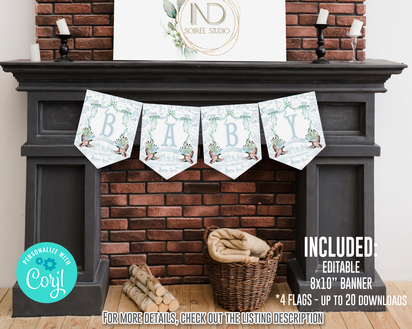 Mallard Duck Baby Shower Invitation Set | Light Blue Toile Woodland Gender Neutral Duckling Printable Template