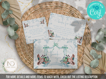 Mallard Duck Baby Shower Invitation Set | Light Blue Toile Woodland Gender Neutral Duckling Printable Template