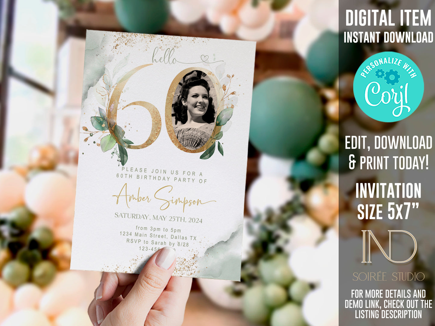 60th Birthday Invitation with Photo | Sage Green Marble Gold Floral Invite | Elegant Dinner Party Template | Editable Printable Instant Download