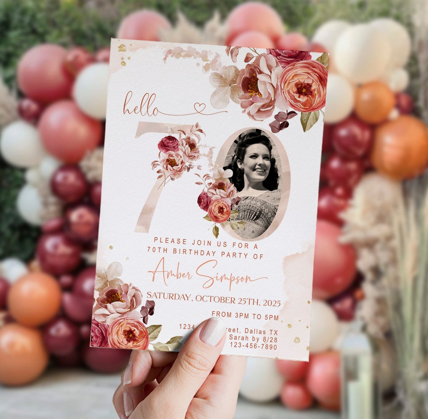 70th Birthday Invitation Women Photo Template | Fall Autumn Burgundy Burnt Orange Floral Invite | Editable Printable Dinner Party Invite