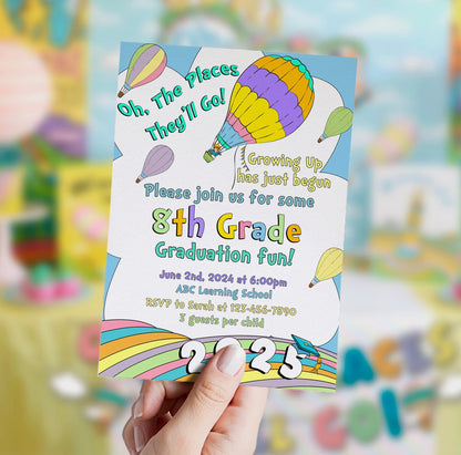 8th Grade Graduation invitation with colorful balloons held by a hand, blurred background