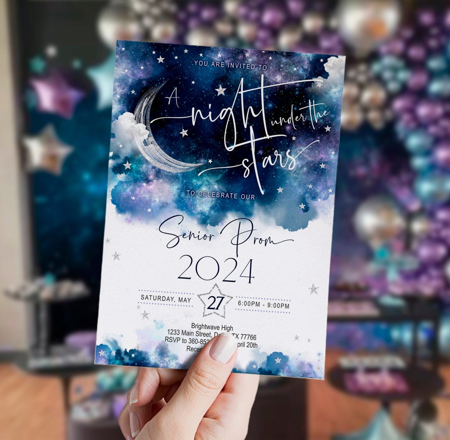 A Night Under the Stars Graduation Invitation Template, Celestial Galaxy Starry Night Rustic Blue Design, Editable Digital Download (Copy)