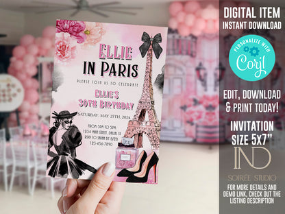 Paris Birthday Invitation | Eiffel Tower Floral “Girl in Paris” Theme | Editable Corjl Template | Printable Digital Download