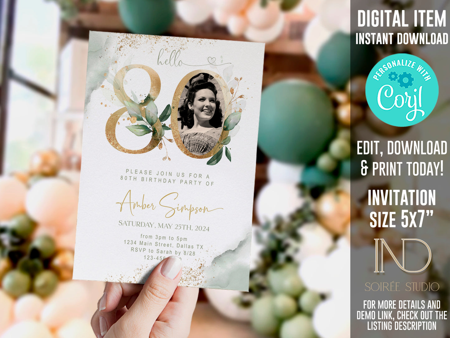 80th Birthday Invitation with Photo | Sage Green Marble Gold Floral Invite | Elegant Dinner Party Template | Editable Printable Instant Download
