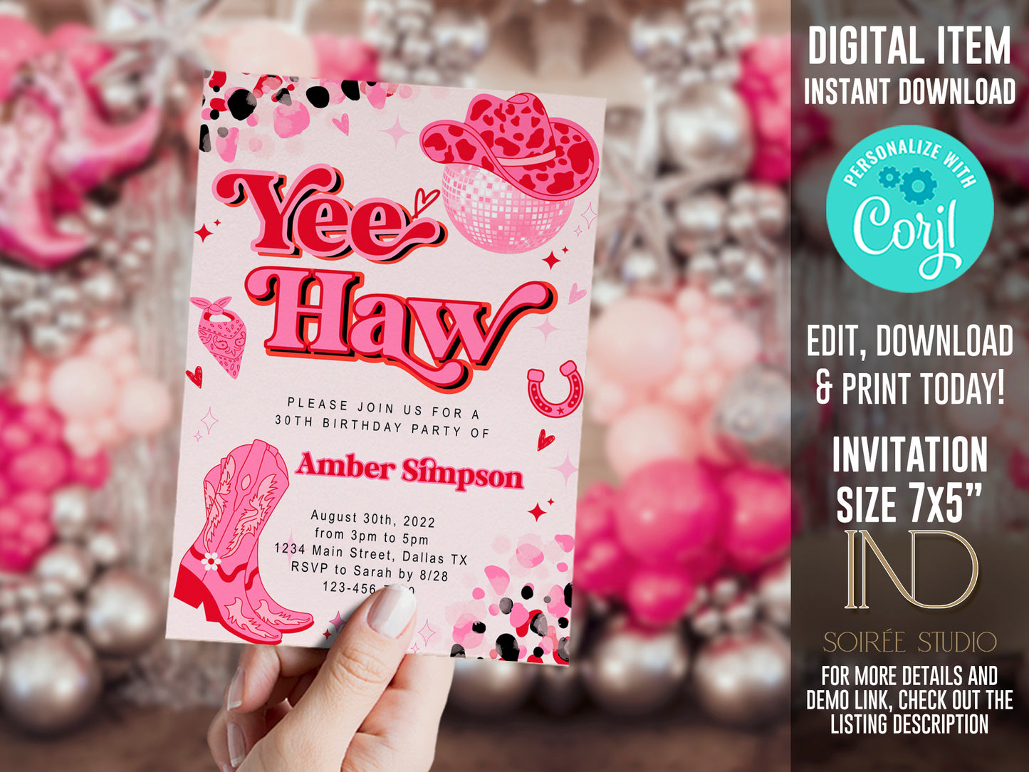 Pink Cowgirl Birthday Invitation | Yee Haw Rodeo Disco Cowgirl Theme | Editable Corjl Template | Printable Digital Download