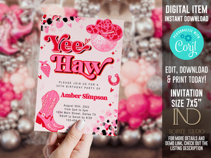 Pink Cowgirl Birthday Invitation | Yee Haw Rodeo Disco Cowgirl Theme | Editable Corjl Template | Printable Digital Download