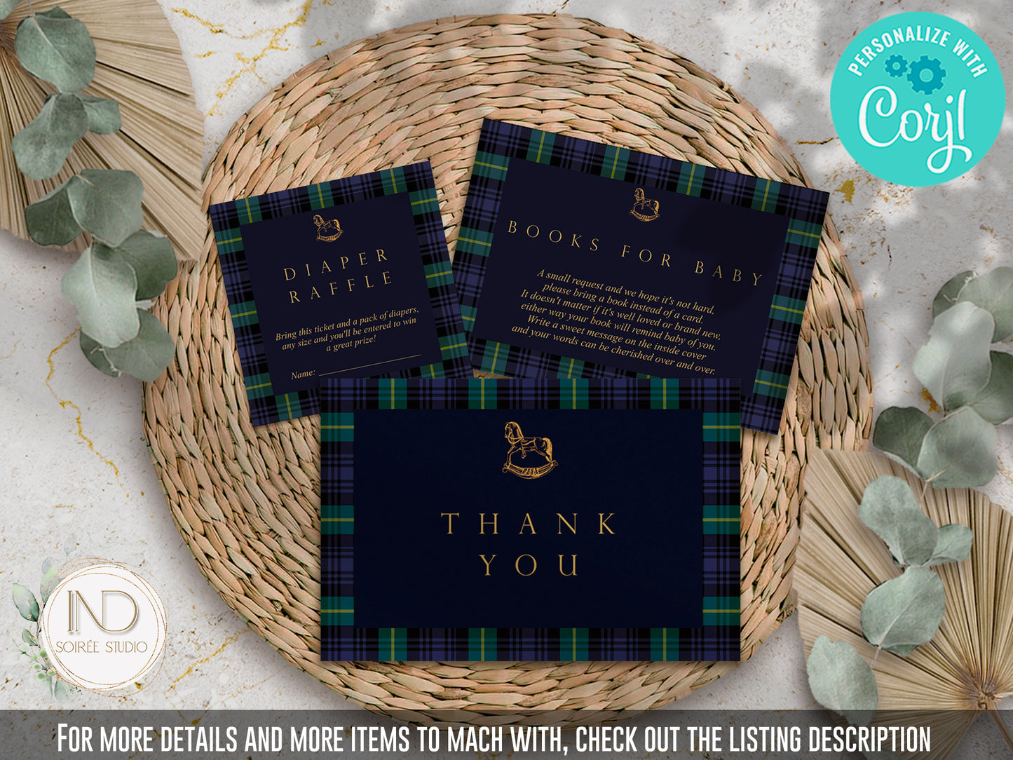 Tartan Plaid Baby Shower Invitation & Bundle | Equestrian Rocking Horse | Navy Green Preppy Winter Baby Sprinkle | Full Set Digital Download