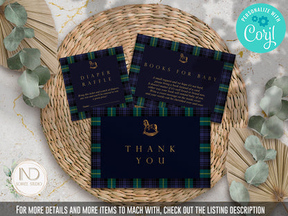 Tartan Plaid Baby Shower Invitation & Bundle | Equestrian Rocking Horse | Navy Green Preppy Winter Baby Sprinkle | Full Set Digital Download
