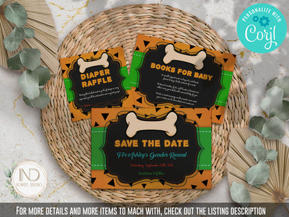 Prehistoric Caveman Gender Reveal Invitation & Party Bundle | Stone Age Editable Printable Corjl Template | Instant Download