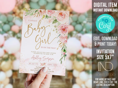 Blush Pink Baby Shower Invitation Girl | Pink Floral Sweet Baby Girl | Gold Pink Watercolor | Printable Digital Template | Instant Download