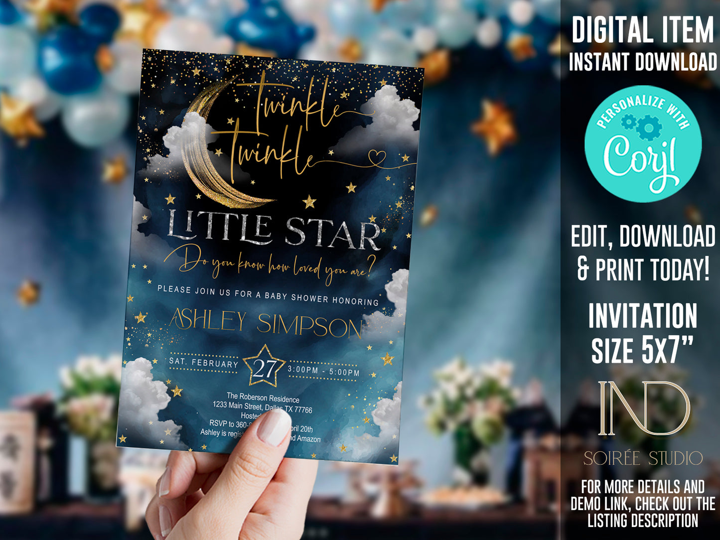 Twinkle Little Star Baby Shower Invitation Editable Template | Neutral Sky & Stars Galaxy Theme | Printable Instant Download
