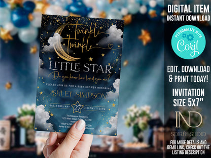 Twinkle Little Star Baby Shower Invitation Editable Template | Neutral Sky & Stars Galaxy Theme | Printable Instant Download