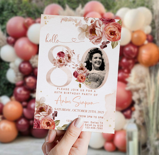 80th Birthday Invitation Women Photo Template | Fall Autumn Burgundy Burnt Orange Floral Invite | Editable Printable Dinner Party Invite