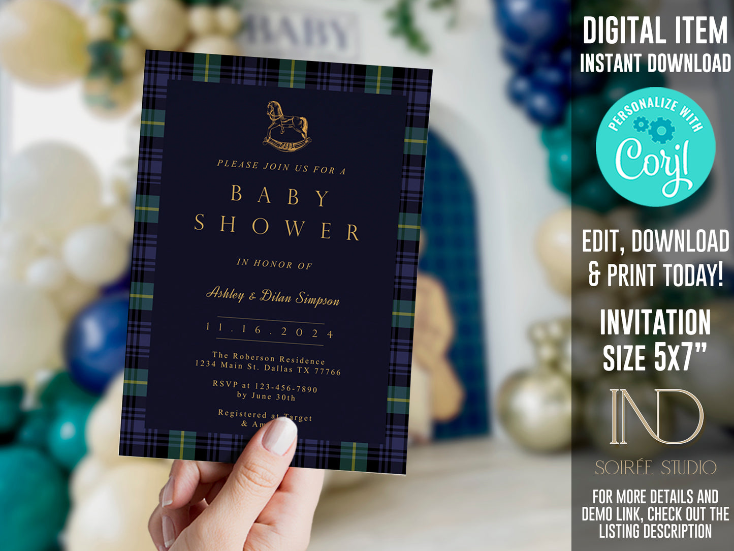 Tartan Plaid Baby Shower Invitation & Bundle | Equestrian Rocking Horse | Navy Green Preppy Winter Baby Sprinkle | Full Set Digital Download