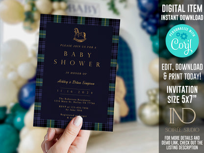 Tartan Plaid Baby Shower Invitation & Bundle | Equestrian Rocking Horse | Navy Green Preppy Winter Baby Sprinkle | Full Set Digital Download