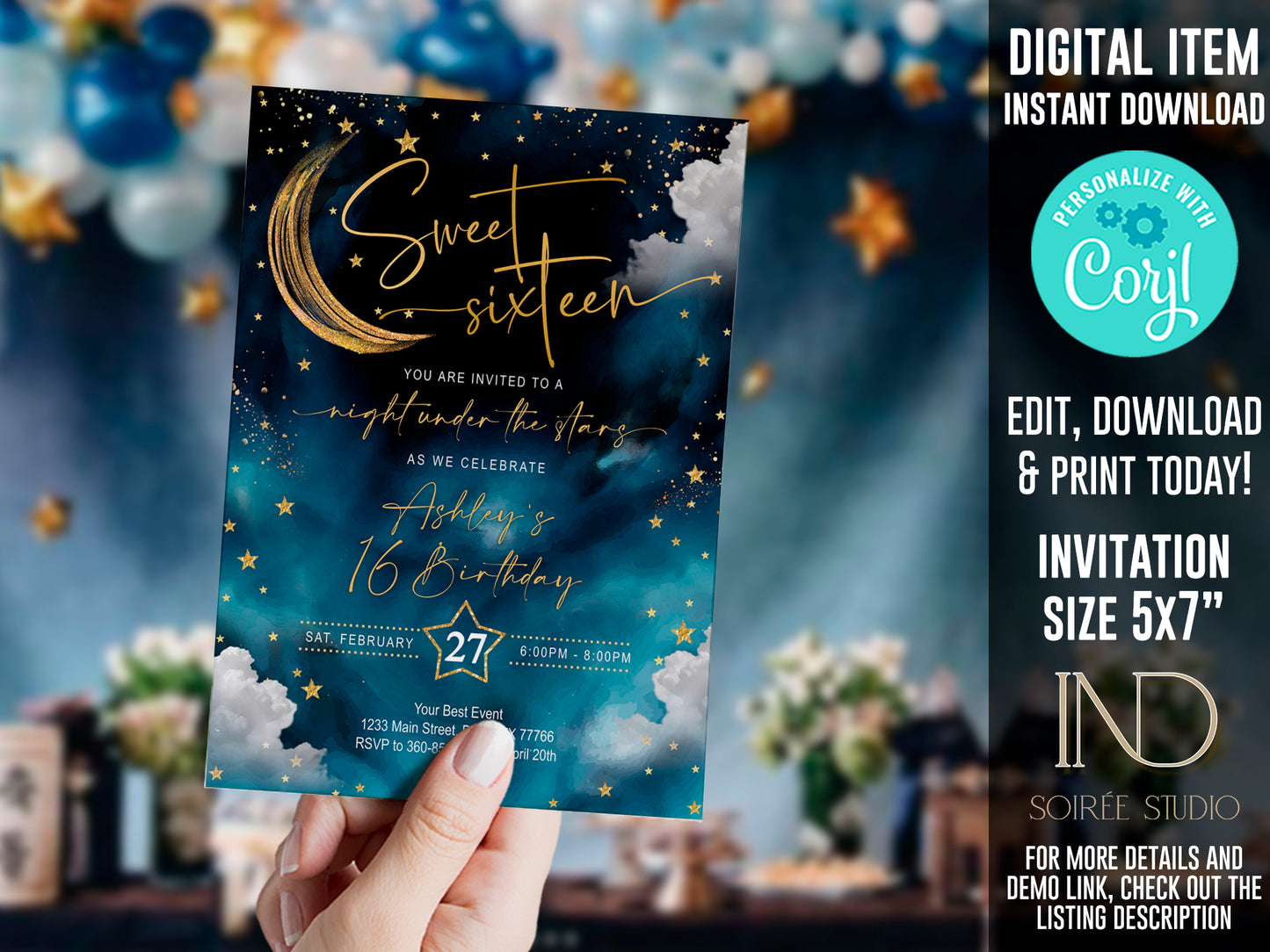 Sweet 16 Invitation & Party Bundle | A Night Under the Stars Theme | Editable Corjl Template | Printable Digital Download