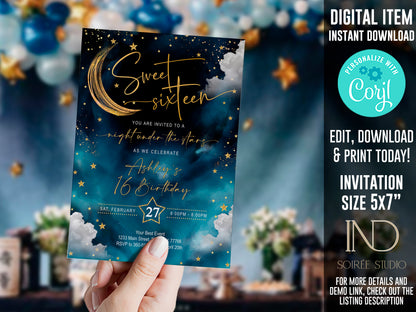 Sweet 16 Invitation & Party Bundle | A Night Under the Stars Theme | Editable Corjl Template | Printable Digital Download