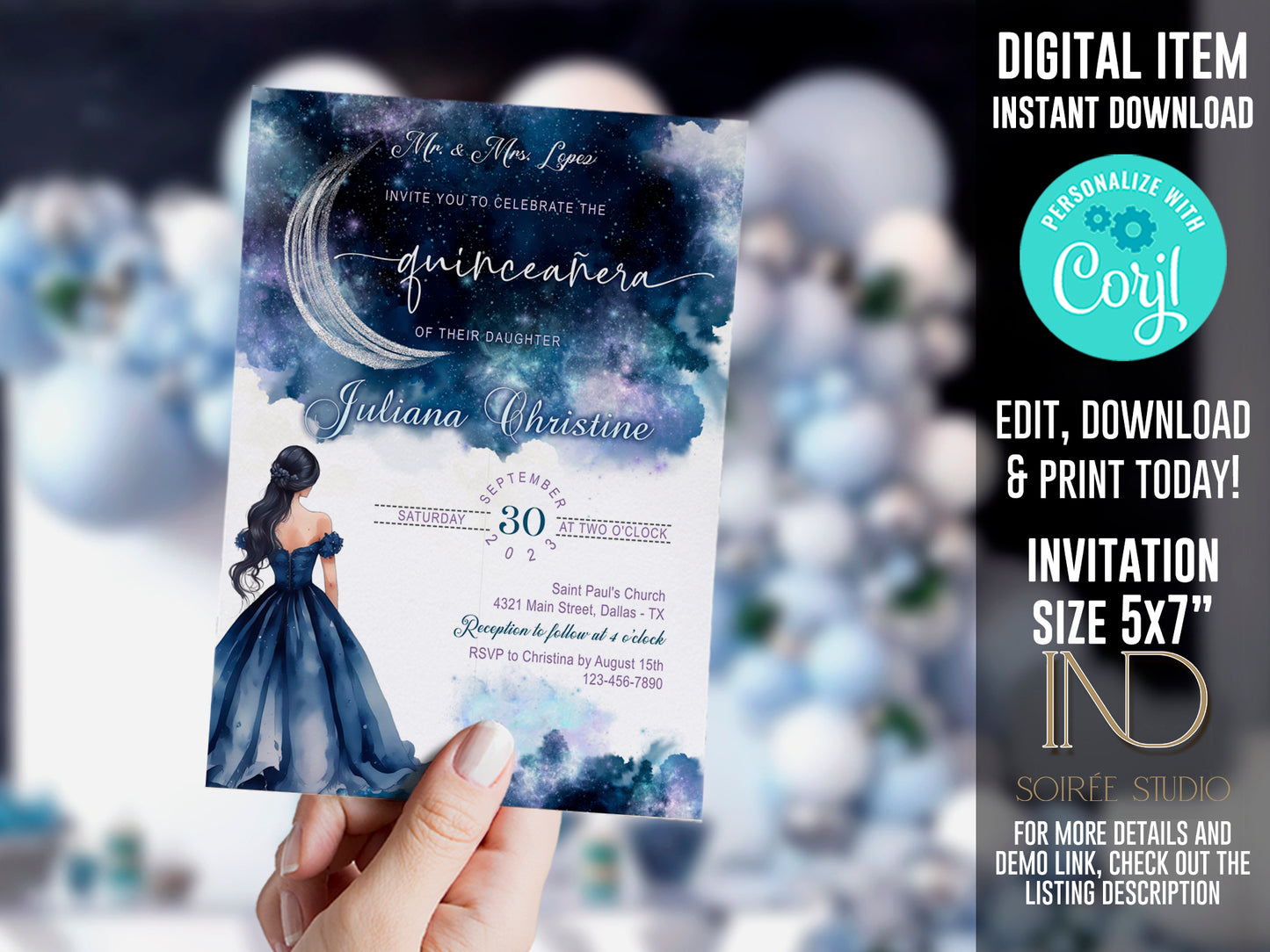 Starry Night Quinceañera Invitation | Navy Silver Celestial Galaxy Theme | Miss Quince 15th Birthday | Editable Corjl Template | Printable Digital Download