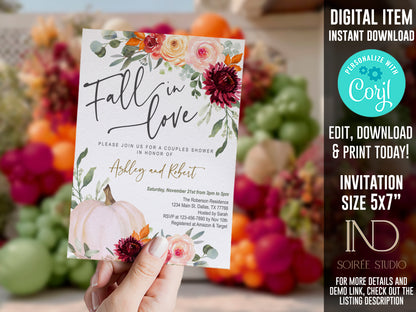 Fall Wedding, Bridal & Couples Shower Stationery | Fall in Love Burgundy Blush Pink Pumpkin Floral | Editable Corjl