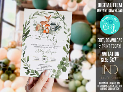 Woodland Baby Shower Invitation & Party Bundle | Editable Corjl Template | Instant Download