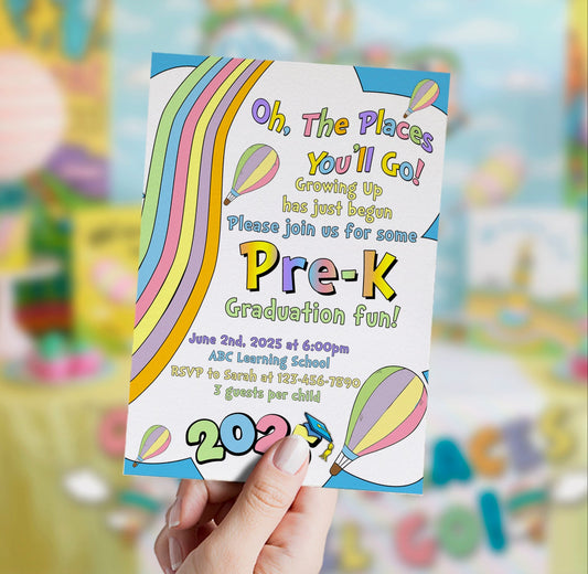 Colorful pre-K graduation invitation held by a hand with blurred background