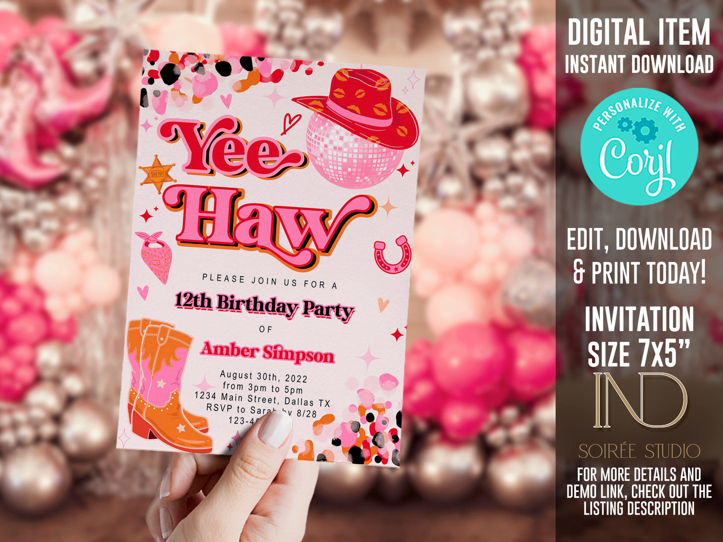 Pink Cowgirl Birthday Invitation | Yee Haw Rodeo Disco Cowgirl Theme | Editable Corjl Template | Printable Digital Download