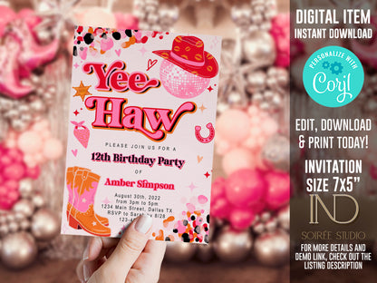 Pink Cowgirl Birthday Invitation | Yee Haw Rodeo Disco Cowgirl Theme | Editable Corjl Template | Printable Digital Download