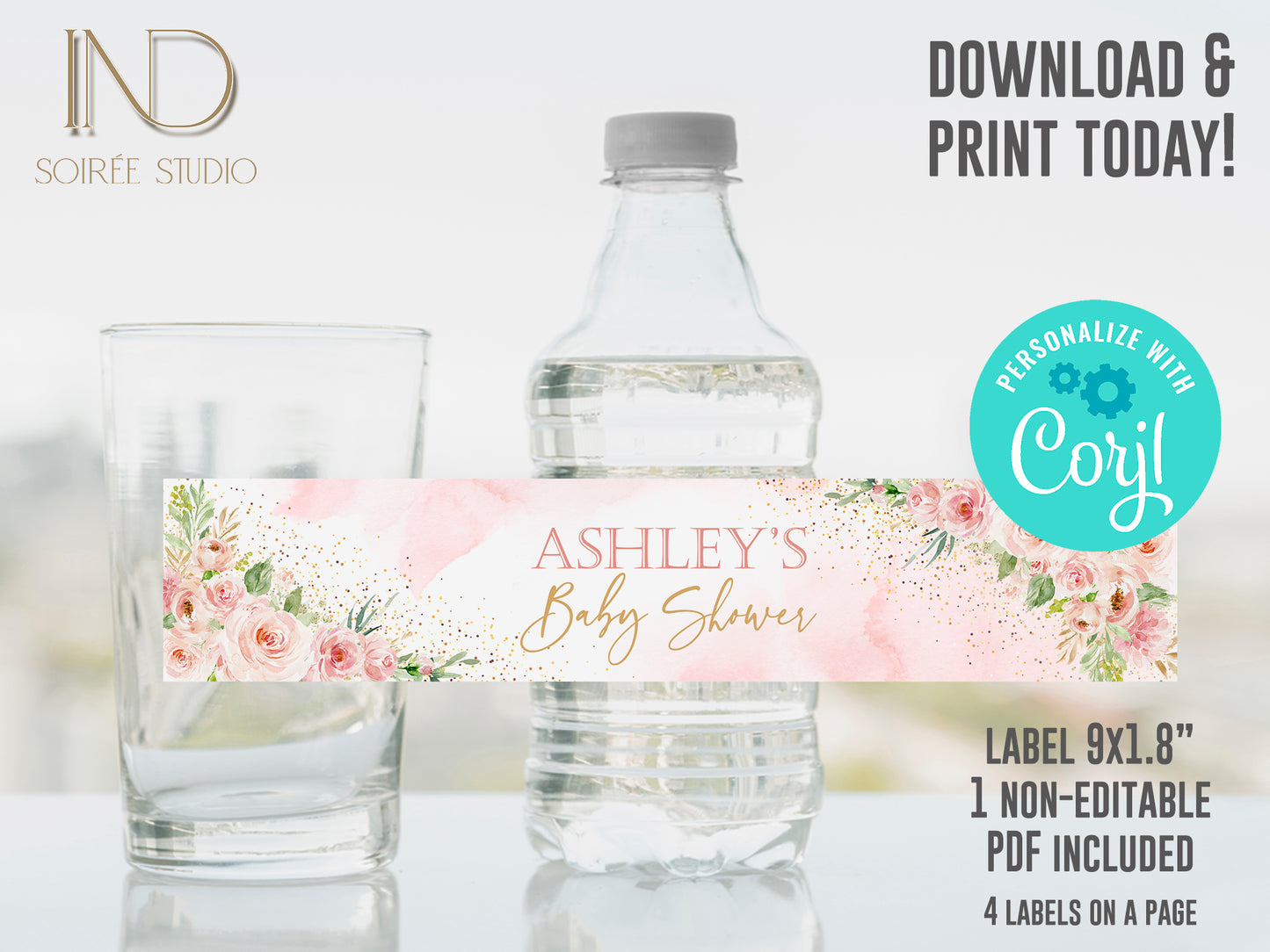 Blush Pink Baby Shower Invitation Girl | Pink Floral Sweet Baby Girl | Gold Pink Watercolor | Printable Digital Template | Instant Download
