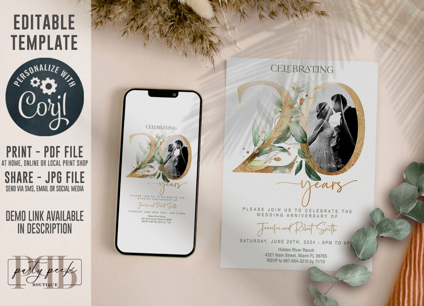 20th Wedding Anniversary Invitation Template with Photo | Greenery & Gold Eucalyptus Design | Editable Online, Digita
