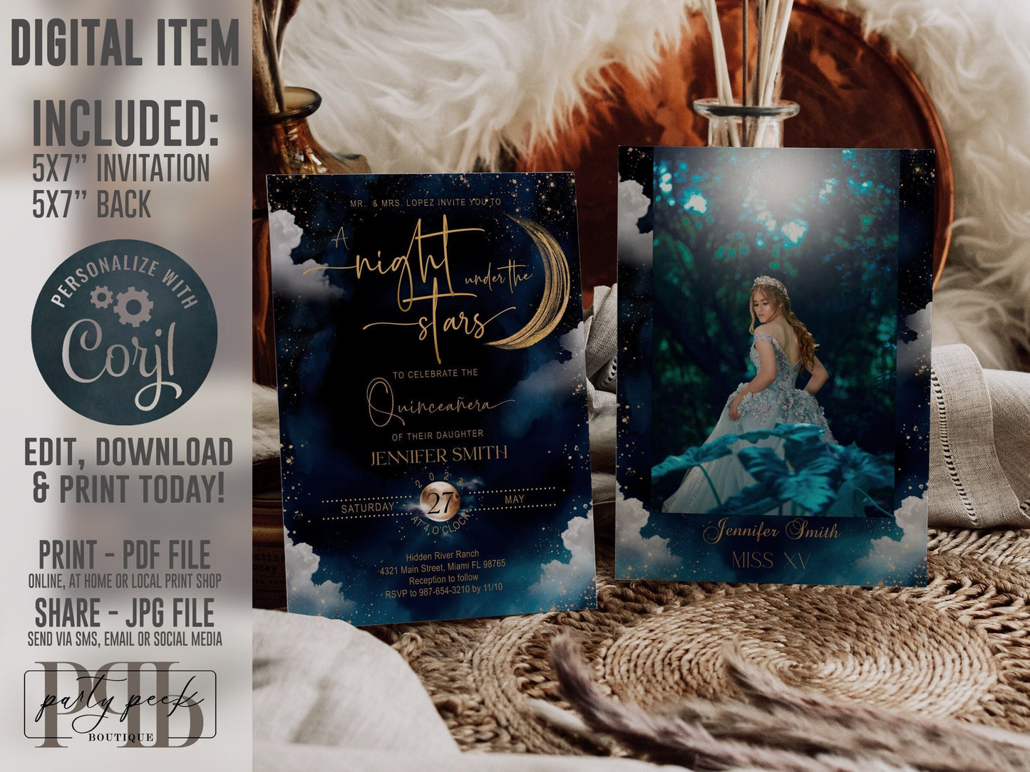 Quinceañera Invitation Template, Celestial Moon & Galaxy Theme, Night Under the Stars, Blue Starry Night Invite