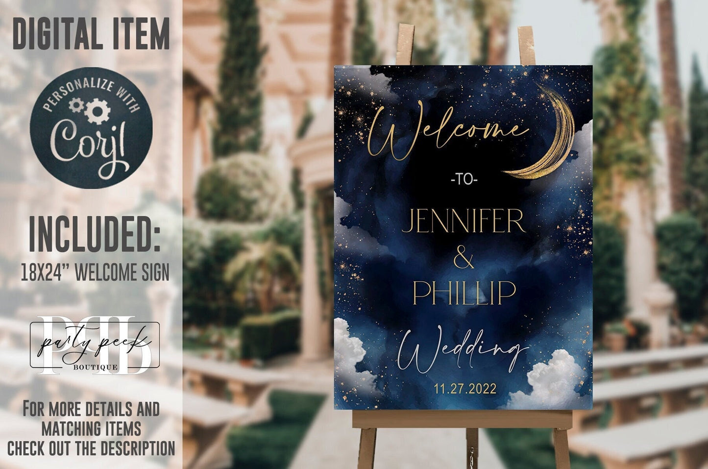 Celestial Welcome Sign Template | Moon & Galaxy Starry Night Design | Wedding or Any Celebration | Corjl | Editable