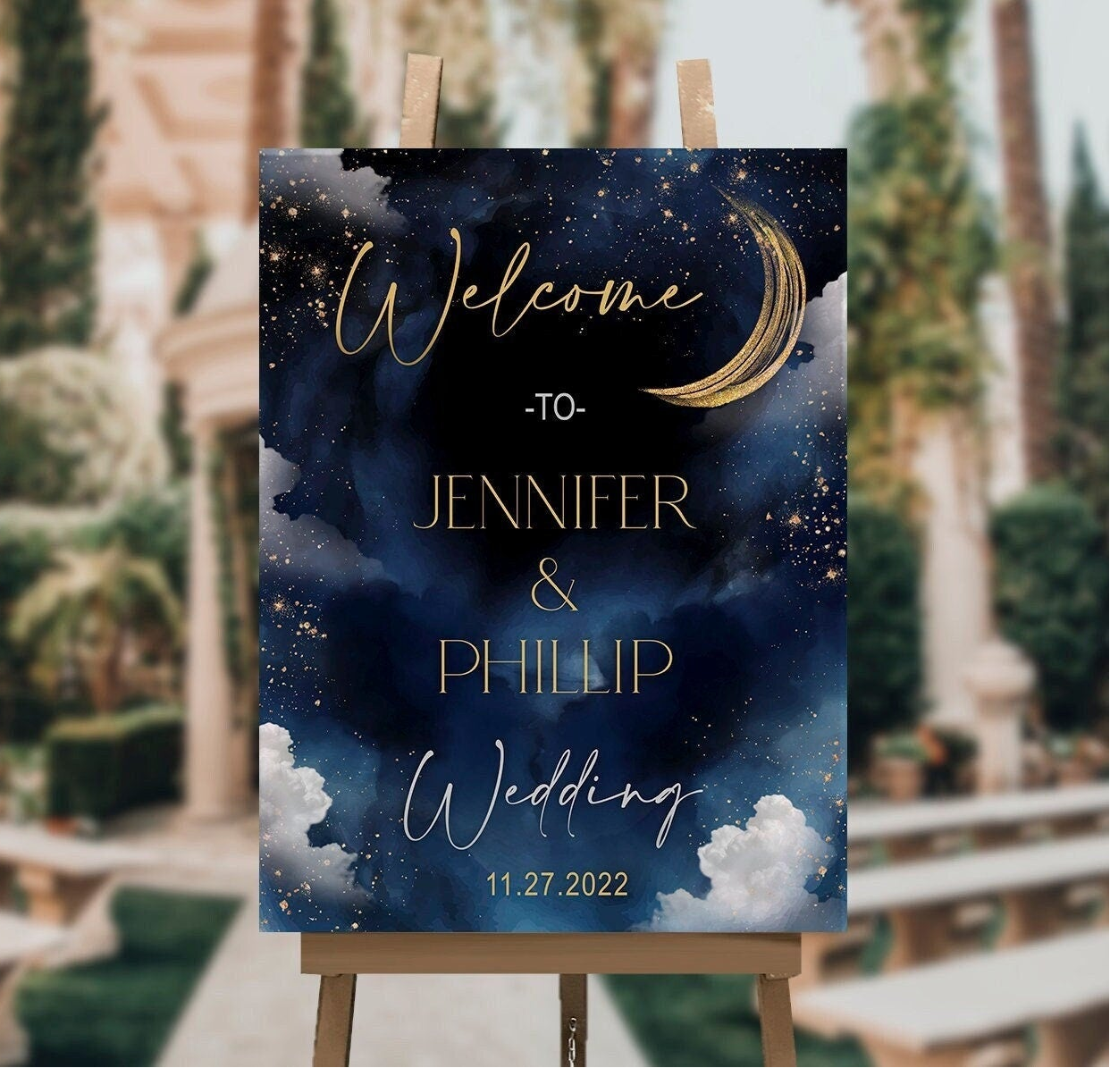 Celestial Welcome Sign Template | Moon & Galaxy Starry Night Design | Wedding or Any Celebration | Corjl | Editable