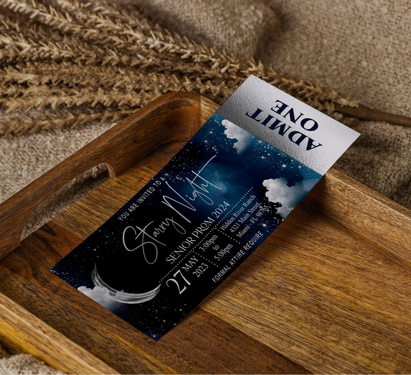 Celestial Ticket Template | Moon & Galaxy Starry Night Admission Ticket | Watercolor Design | Editable