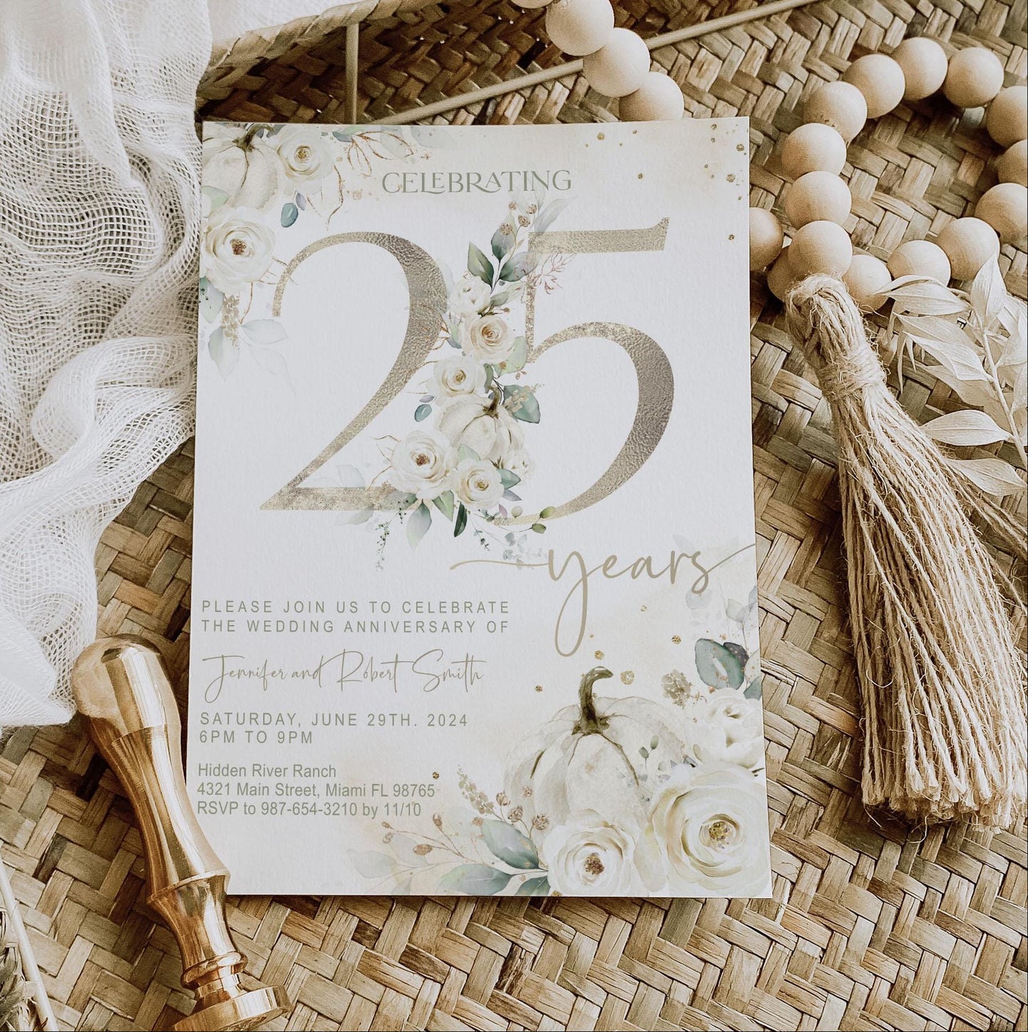 Wedding Anniversary Invitation Template – Editable Year, Fall Floral Party Invite, Elegant Autumn Foliage Design (Corjl Template)