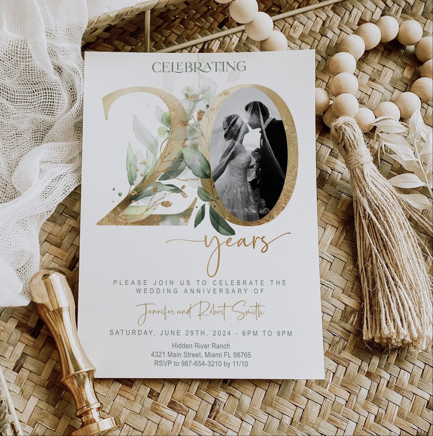20th Wedding Anniversary Invitation Template with Photo | Greenery & Gold Eucalyptus Design | Editable Online, Digita