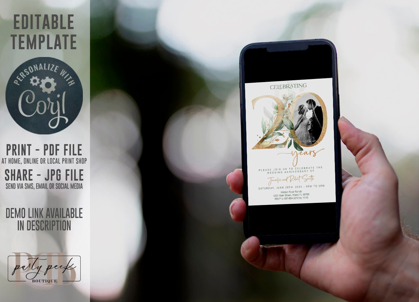 20th Wedding Anniversary Invitation Template with Photo | Greenery & Gold Eucalyptus Design | Editable Online, Digita