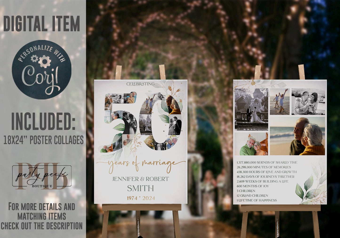 50th Anniversary Photo Collage Poster, Wedding Anniversary Sign with Photos, Editable Greenery Gold Eucalyptus Template, Digital Download
