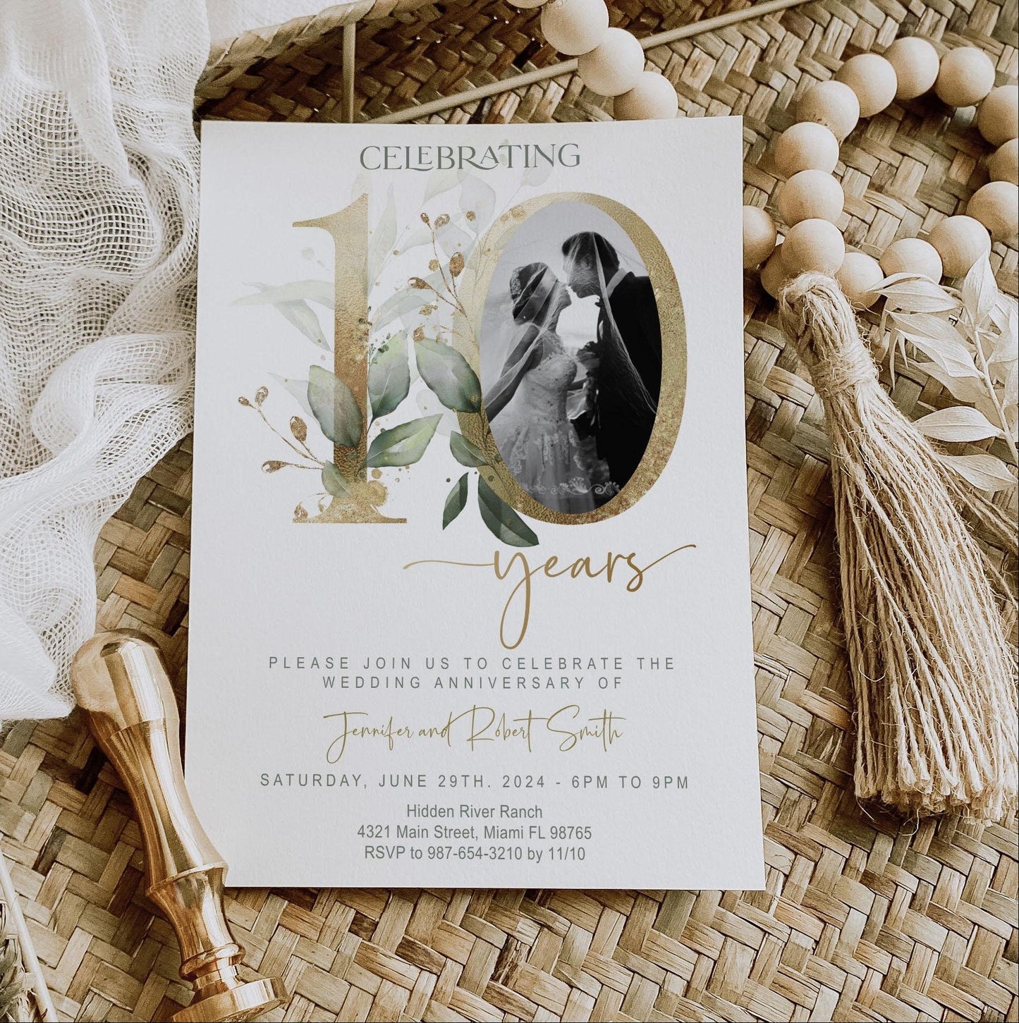 10th Wedding Anniversary Invitation Template with Photo | Greenery & Gold Elegant Eucalyptus Design | Editable Online, Digital Download