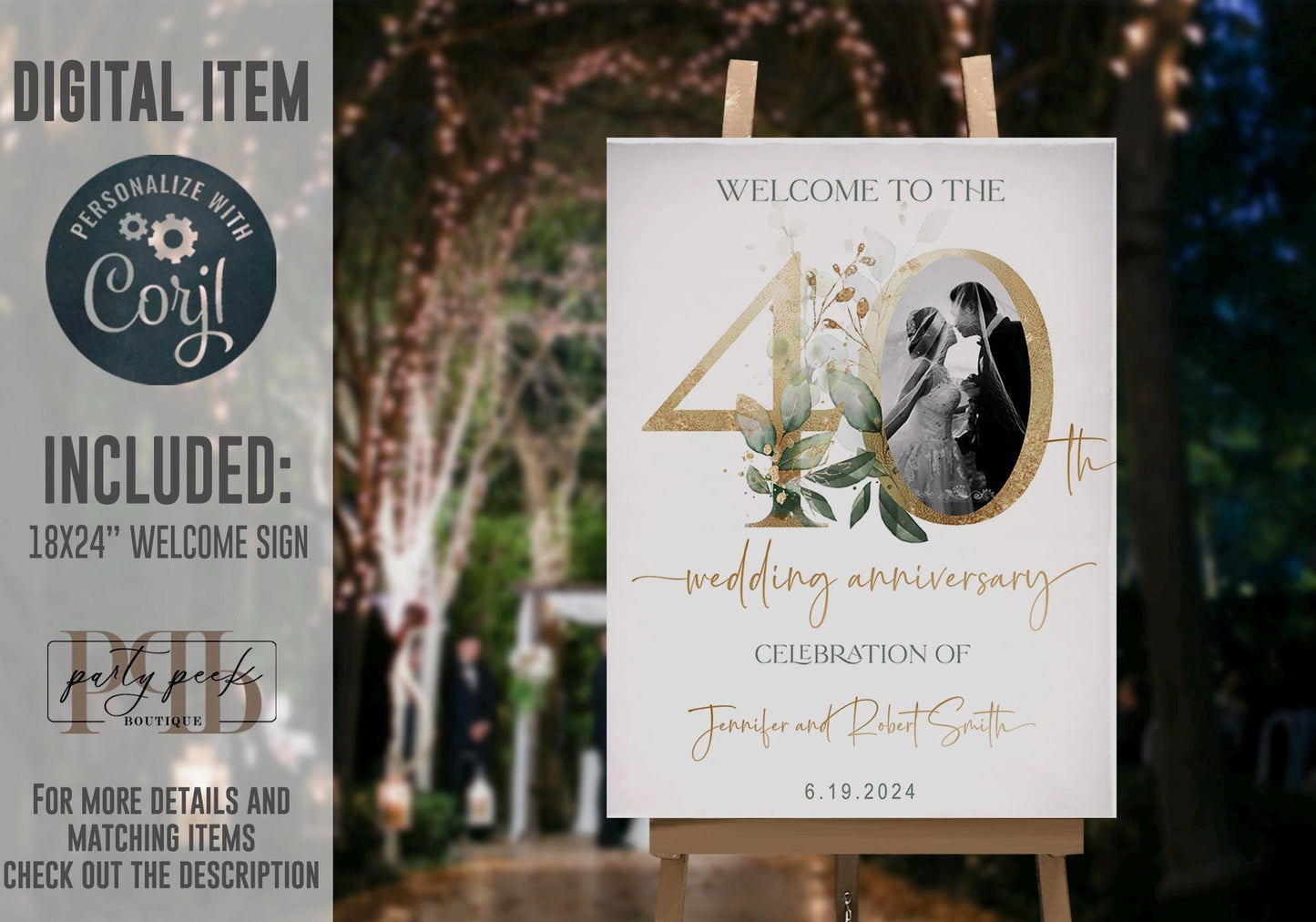 40th Anniversary Welcome Sign, Wedding Anniversary Decor Template, Editable Greenery Gold Eucalyptus Sign, Digital Download